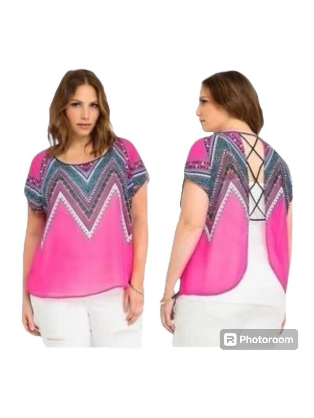 Torrid Womens Strappy Back Sheer Blouse Size 3X Magenta Southwest Short Sleeve